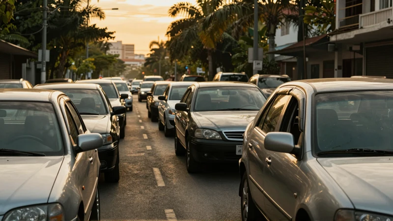 Cohetes de ciudad dorados con coches aparcados