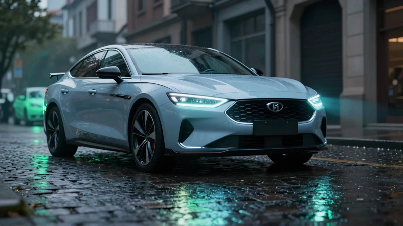 Coche futurista en calle mojada con neón azul