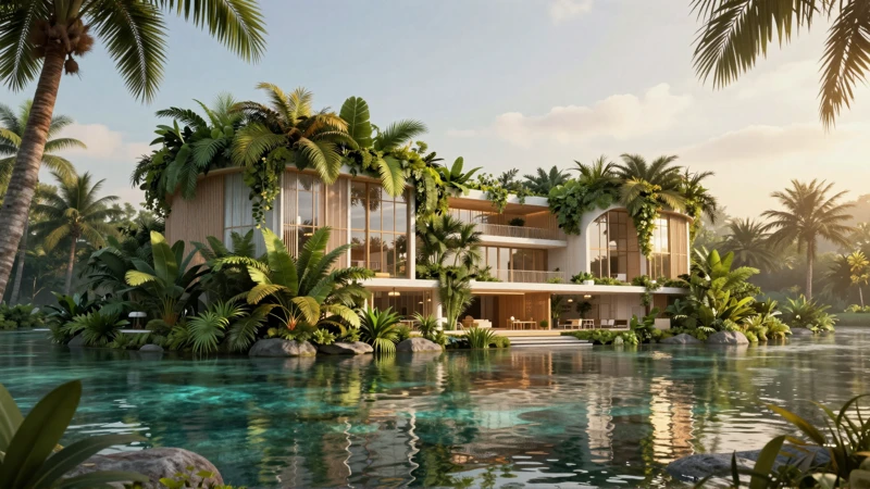 Fachada sustentable en un entorno tropical dorado y acuático