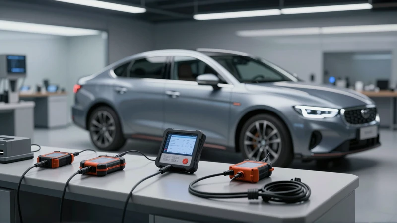 Automóvil brillante y herramientas en la bahía moderna