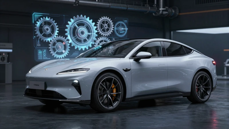 Auto moderno con engranajes holográficos y estética industrial