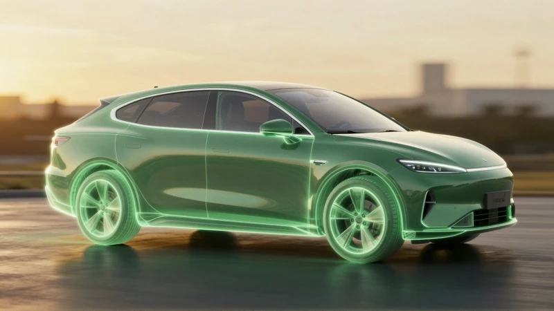 Auto moderno y estilizado con aura verde en atardecer