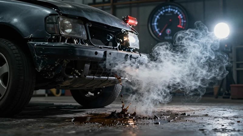 Coche dañado, humo negro bajo luz industrial
