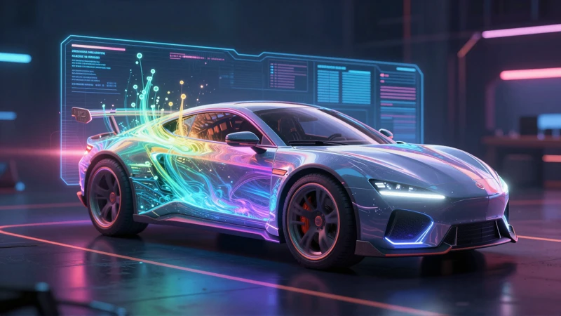 Vehículo futurista holográfico con energía neón brillante