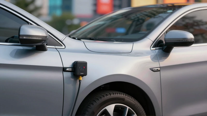 Sedán moderno con sensor conectado en entorno urbano vívido