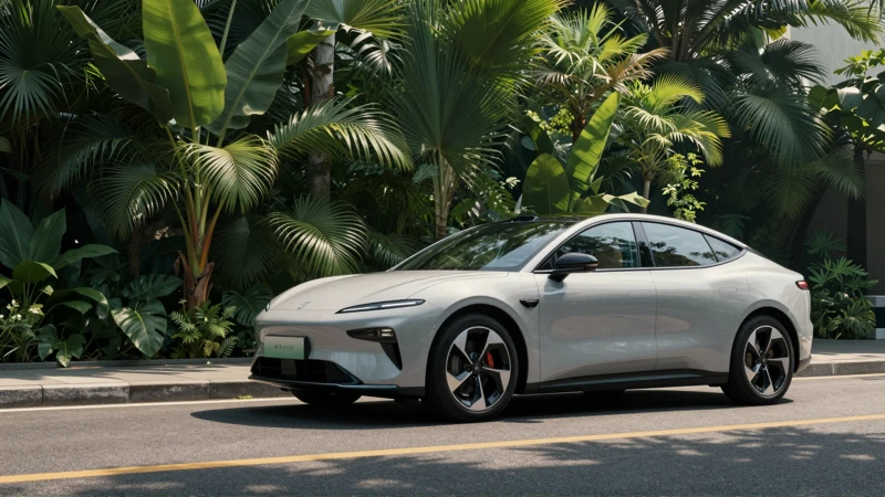 Coche moderno bajo palmeras con sol cinematográfico