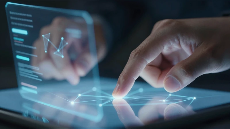 Manos interactúan con luz holográfica azul