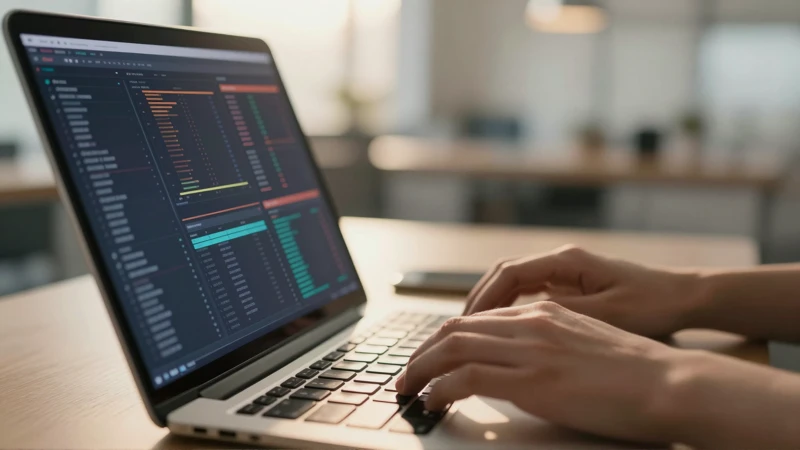 Manos teclean en laptop con fondo de oficina moderno