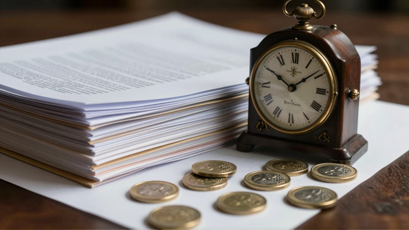 Documentos, reloj parado y monedas en detalle cinemático