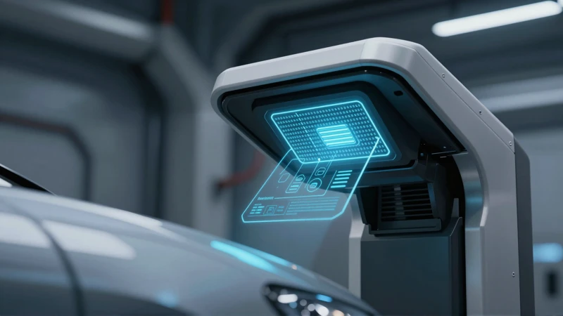 Vehículo moderno inspeccionado con tecnología futurista