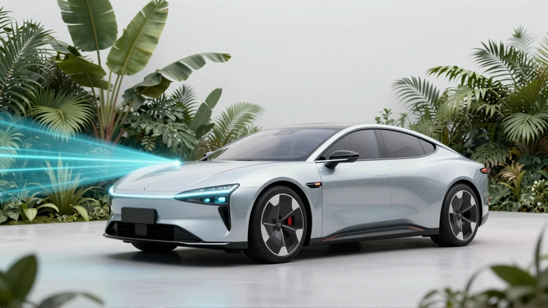 Sedán futurista con haz de diagnóstico en entorno tropical