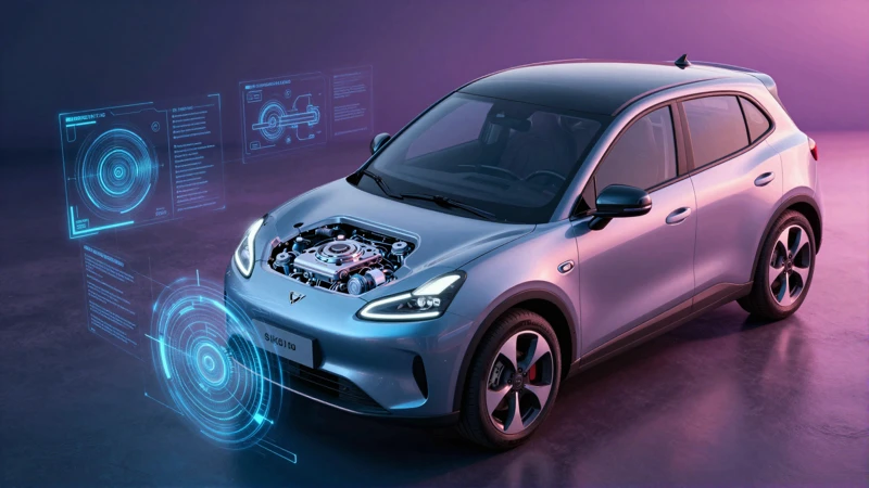 Coche futurista con esquemas brillantes bajo luz dramática