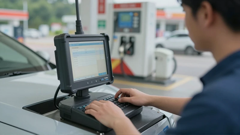 Inspección de coche moderno con equipos de diagnóstico