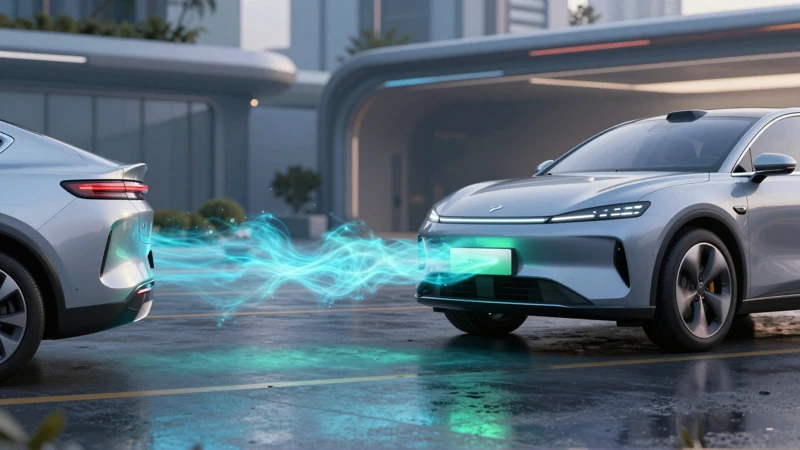 Vehículos modernos con energía futurista en ciudad húmeda