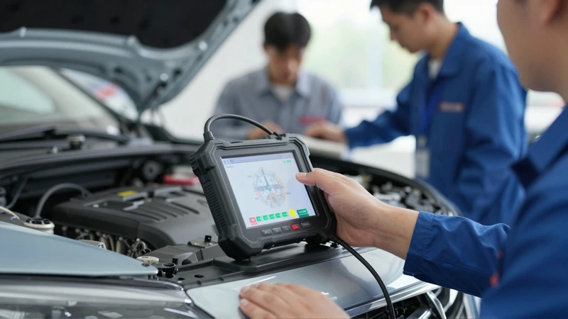 Auto moderno con diagnóstico electrónico, foto realista