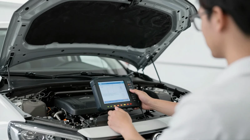 Inspección profesional de coche con equipo de diagnóstico