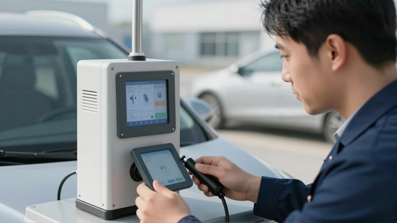 Técnico revisa emisiones de auto moderno con detalle profesional