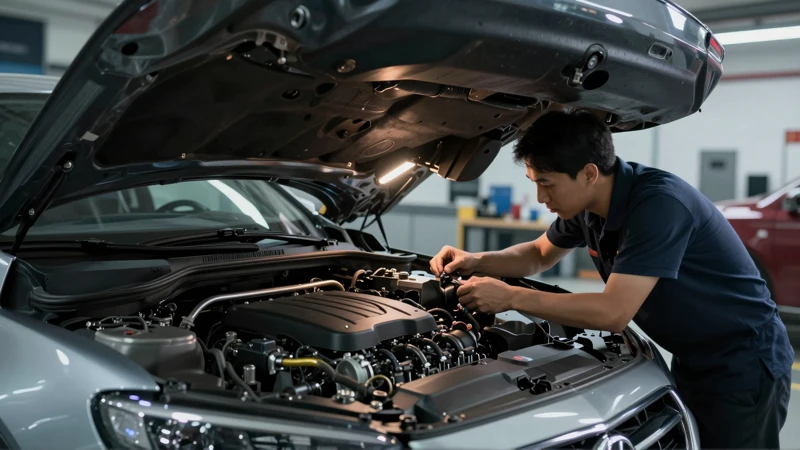 Técnico examina coche en detallado taller moderno