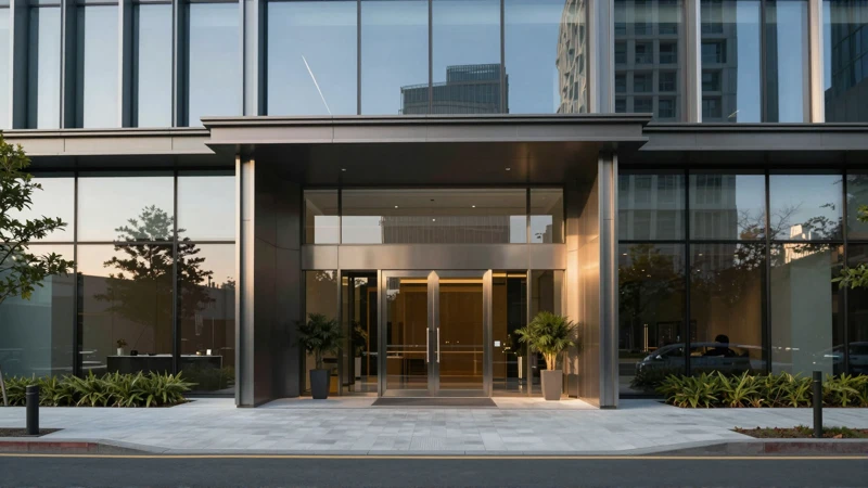Entrada moderna con fachada de cristal al atardecer
