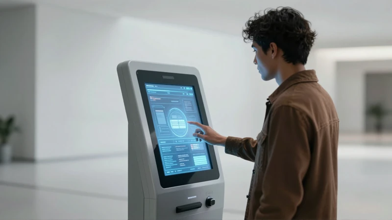 Persona interactúa con kiosco holográfico en entorno minimalista
