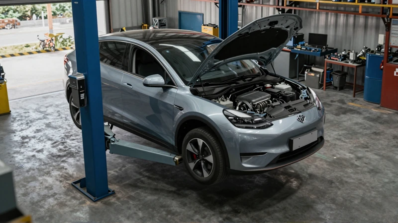Inspección de coche con elevador en taller moderno