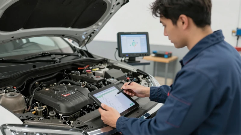 Técnico experto revisa el auto sedán clásico