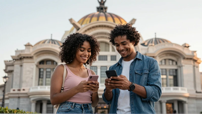 Pareja diversa usa teléfono con estilo mexicano