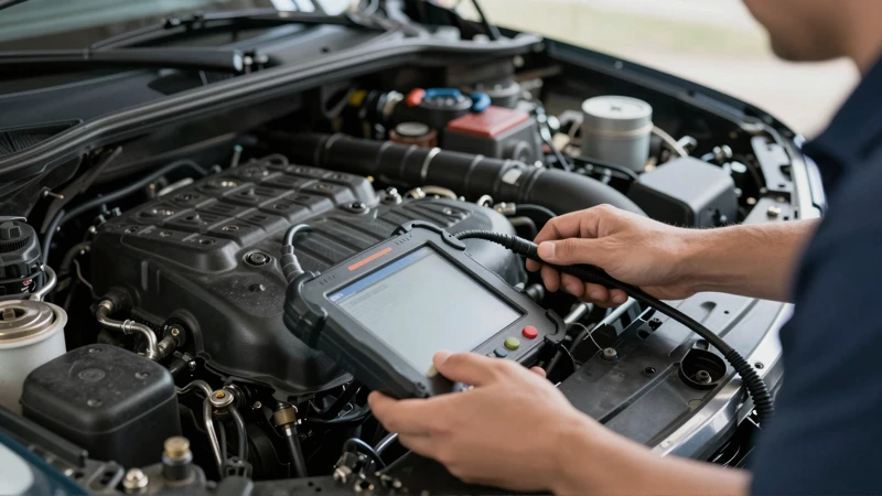 Técnico diagnostica motor de coche con equipo avanzado